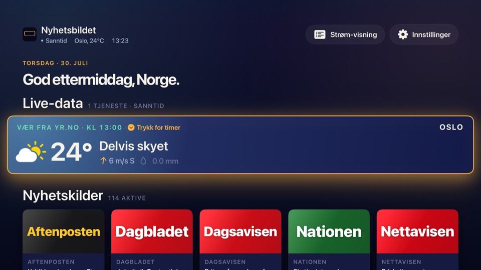 Hjem-skjermen i Nyhetsbildet — vær og nyhetskilder